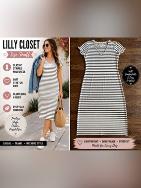 Lily’s Closet Black & White Striped V-Neck Midi Dress Size Small